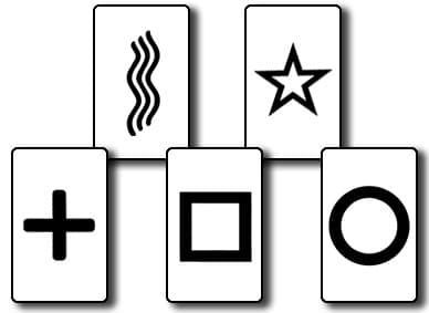 Les cinq symboles des cartes de Zener : étoile, cercle, vagues, carré et croix
